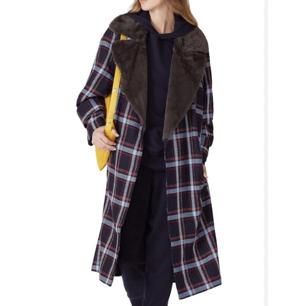 Victor Alfaro Oversized Tweed Faux Fur Collar Plaid Small Red Blue Wool Winter